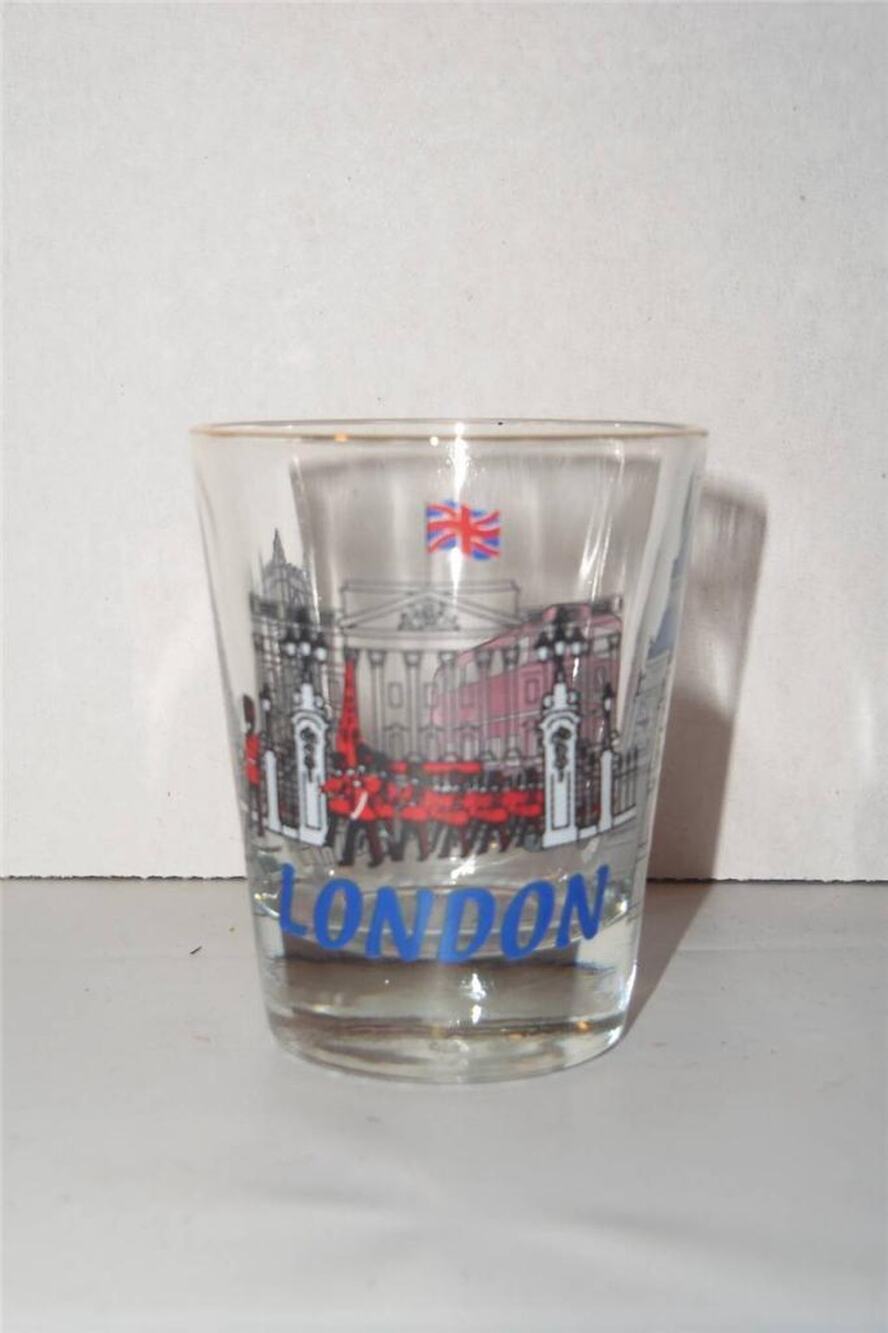 London England Big Ben Art Souvenir Shot Glass Double Decker Bus -081410